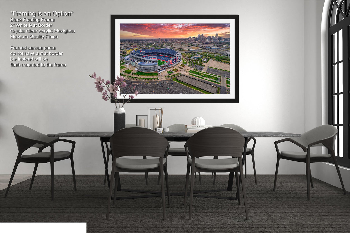 Denver Skyline at Sunrise with Empower Field - Broncos Stadium Aerial Photo