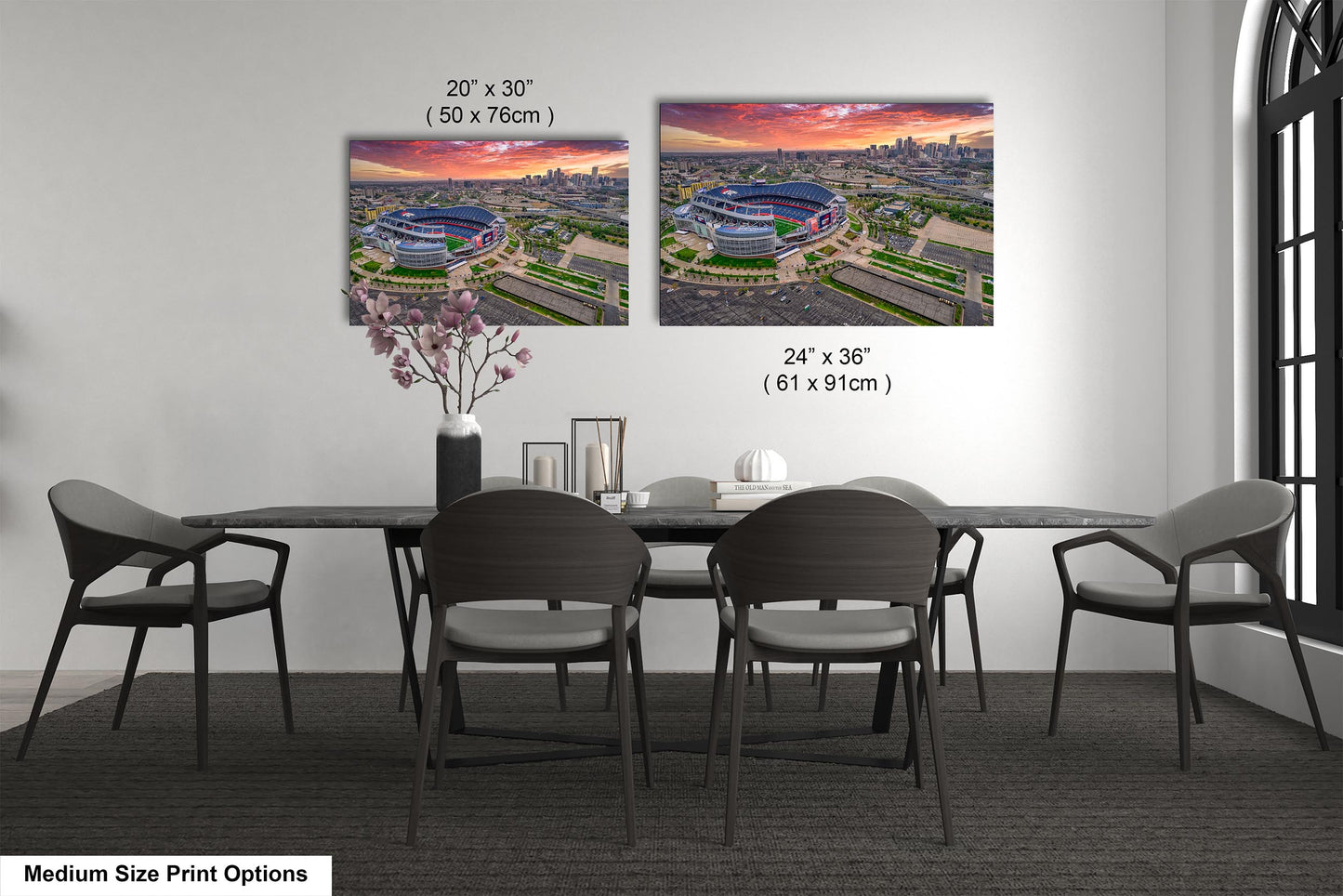Denver Skyline at Sunrise with Empower Field - Broncos Stadium Aerial Photo