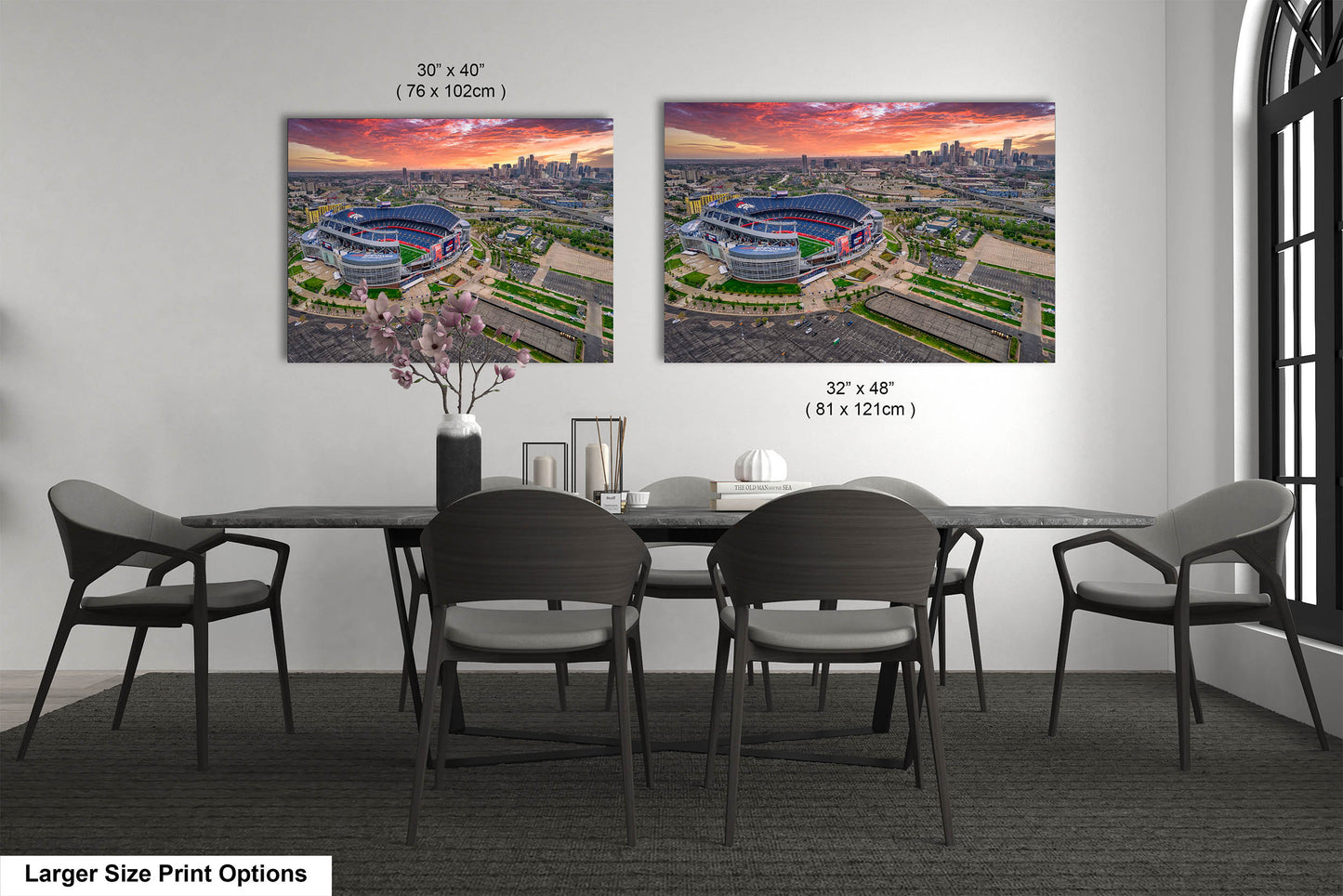 Denver Skyline at Sunrise with Empower Field - Broncos Stadium Aerial Photo
