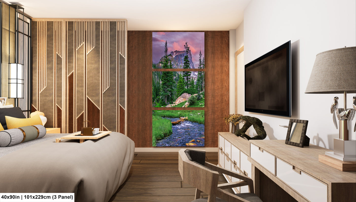 Rocky Mountain National Park, Dream Lake, Estes Park, large framed art work, vertical art, Hallett Peak, Flattop mountain, Colorado wall art
