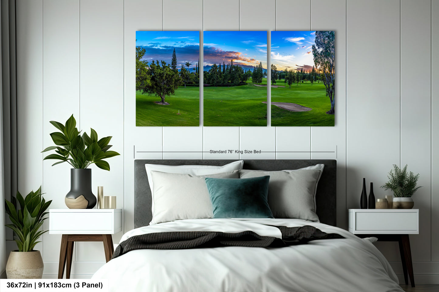 a bedroom scene with a bed and two paintings on the wall