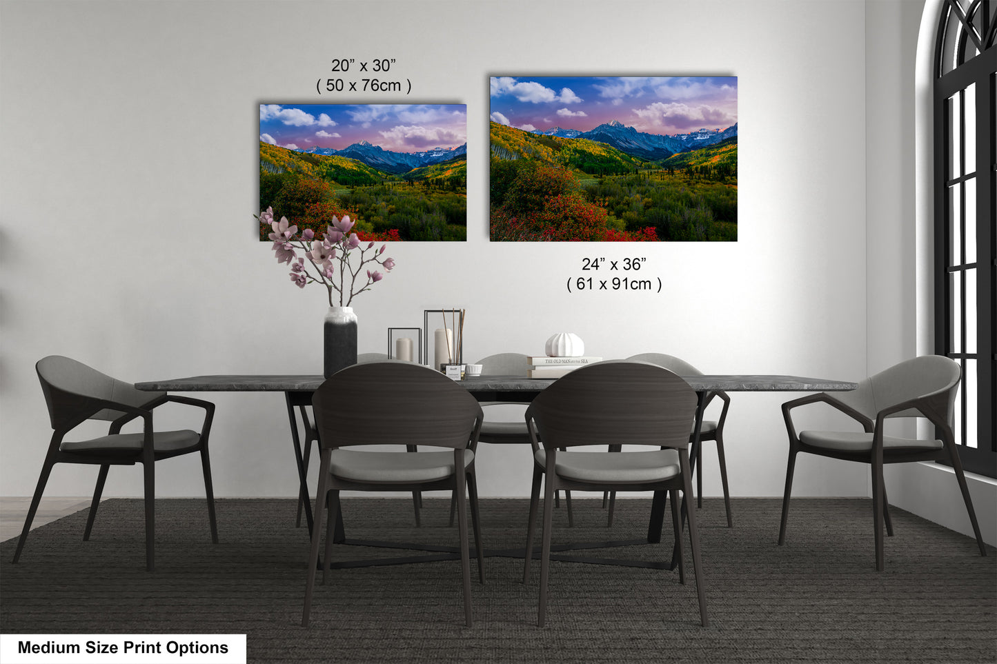 a dining room with a table and chairs
