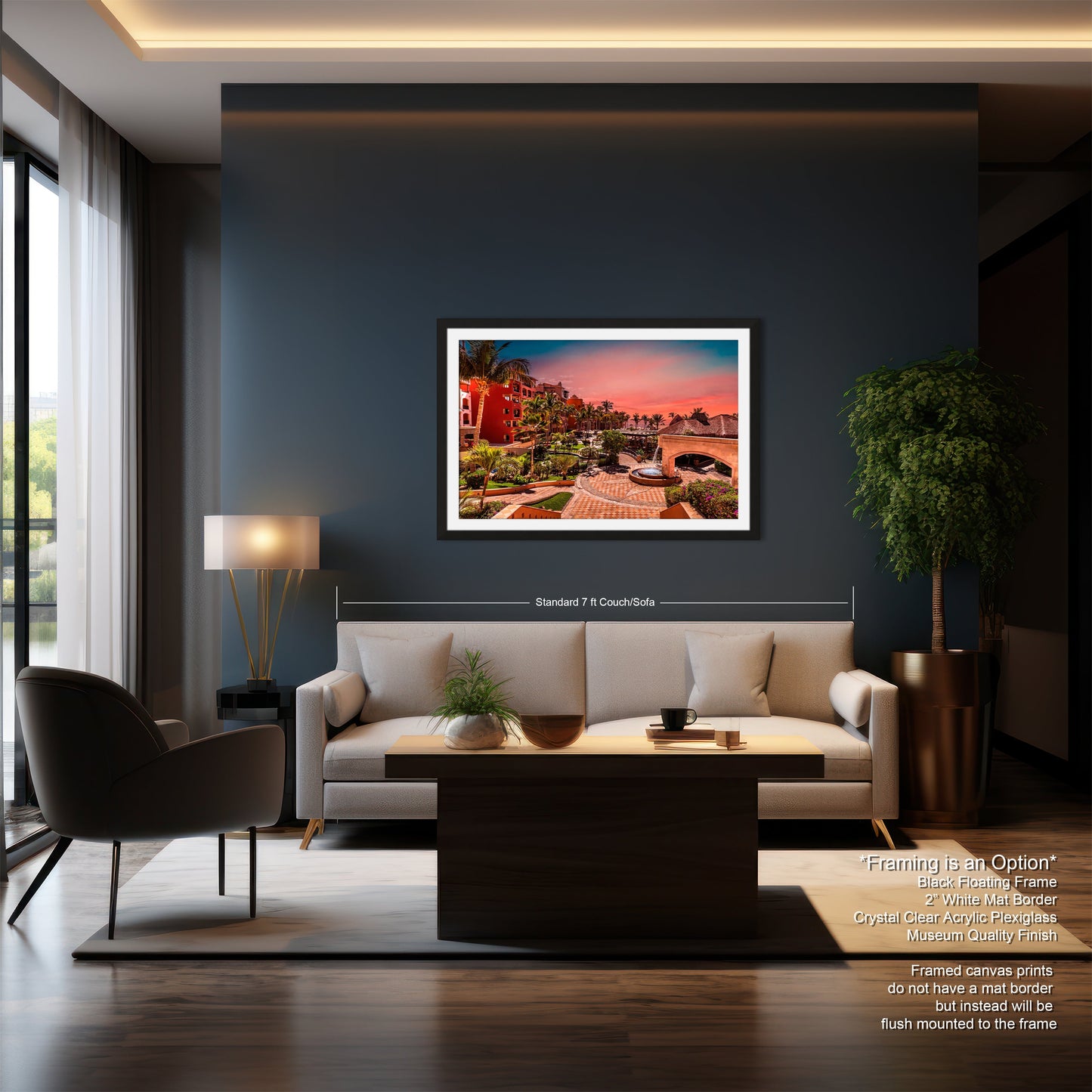 a living room with a couch a chair and a painting on the wall