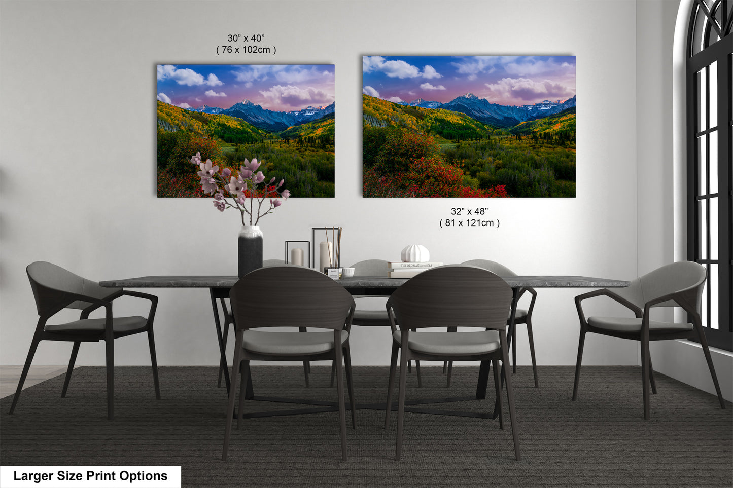a dining room with a table and chairs