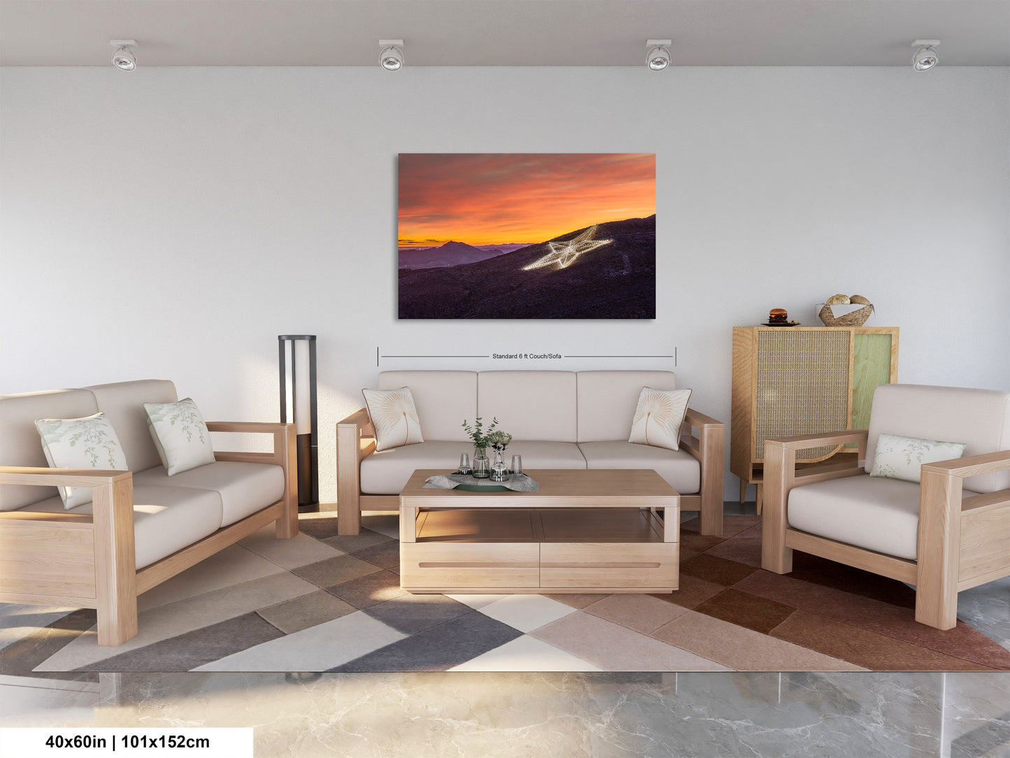 a living room filled with furniture and a painting on the wall