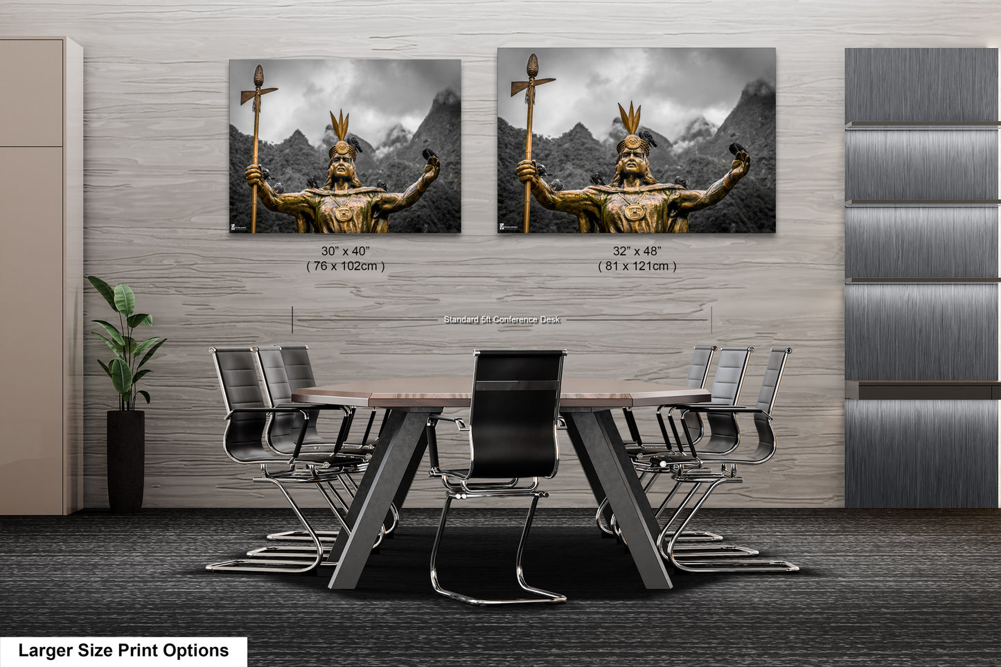a dining room table with chairs and two pictures of a statue