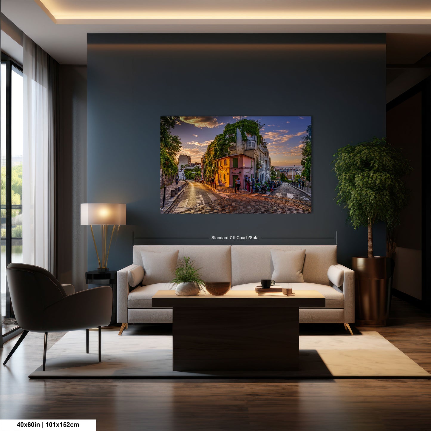 a living room with a couch and a painting on the wall