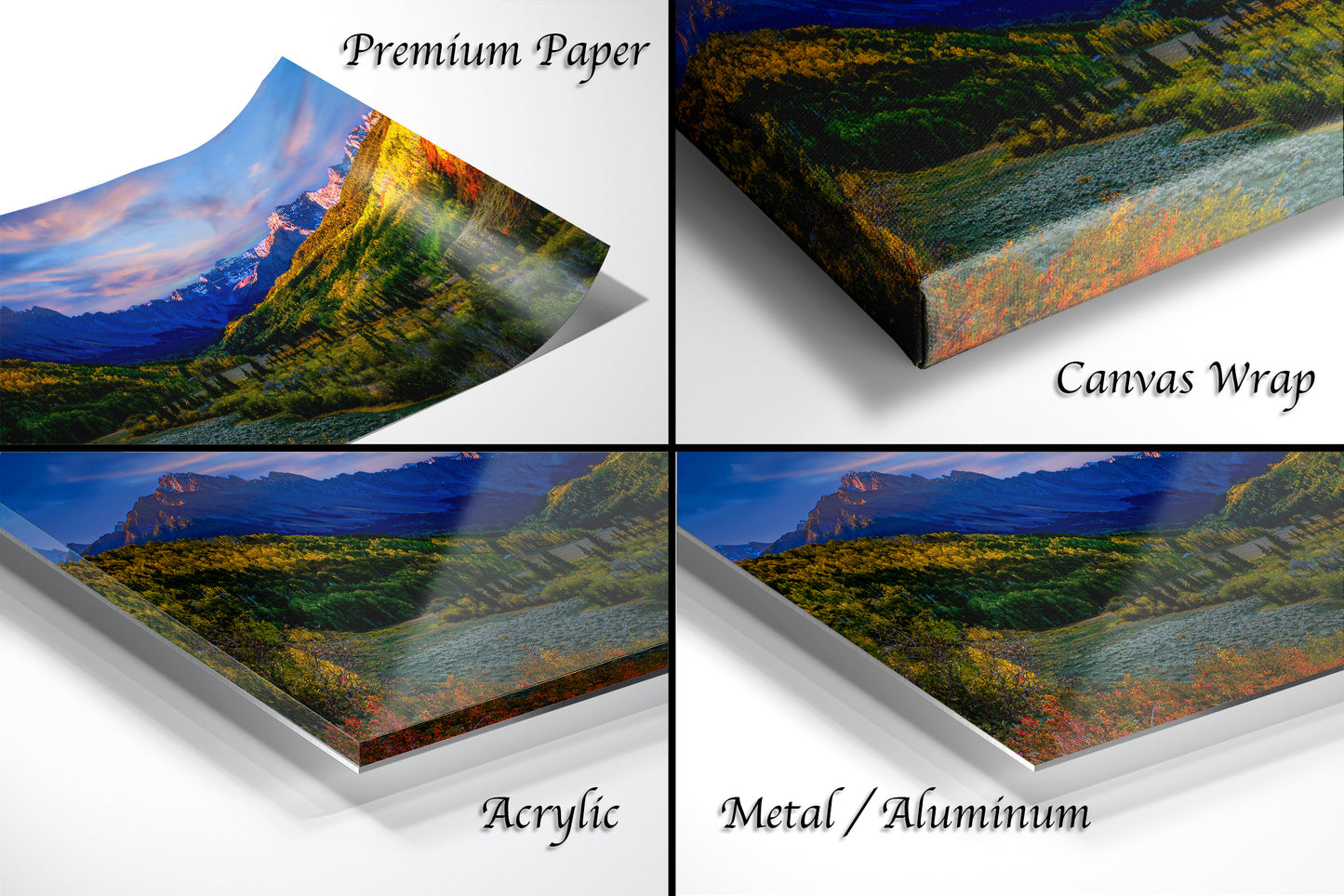 a series of four images of a scenic landscape
