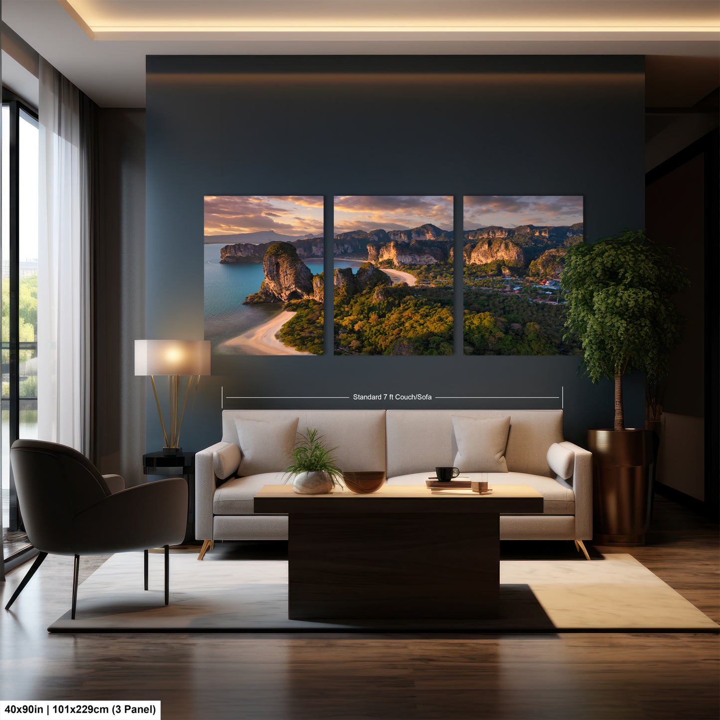 a living room filled with furniture and a painting on the wall