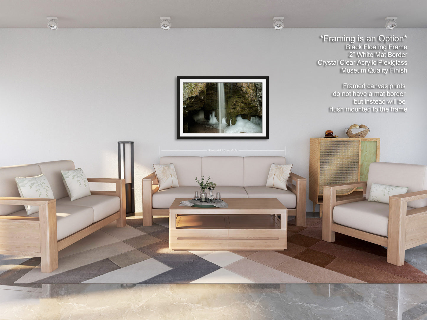 a living room filled with furniture and a painting on the wall