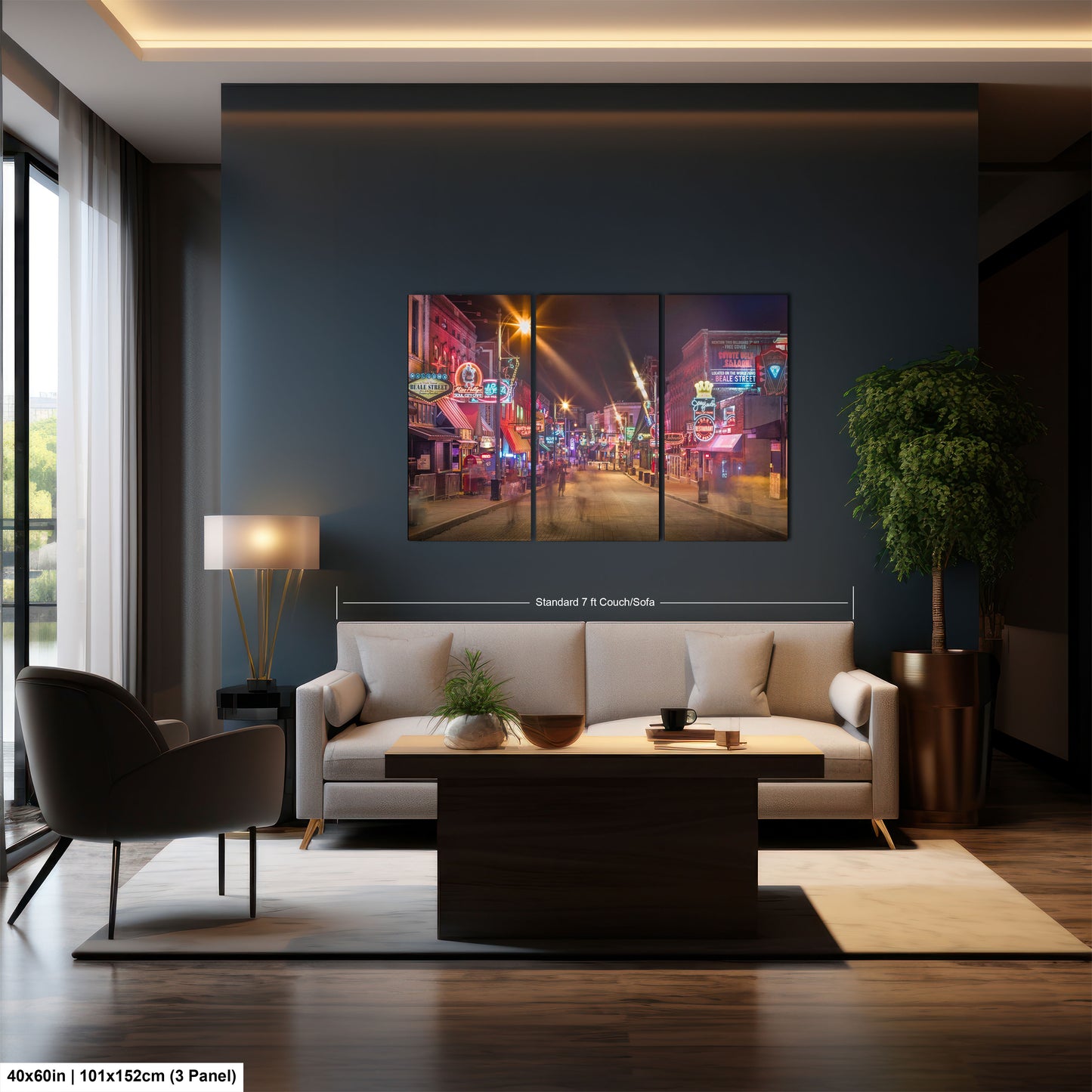 a living room with a couch a table and a painting on the wall