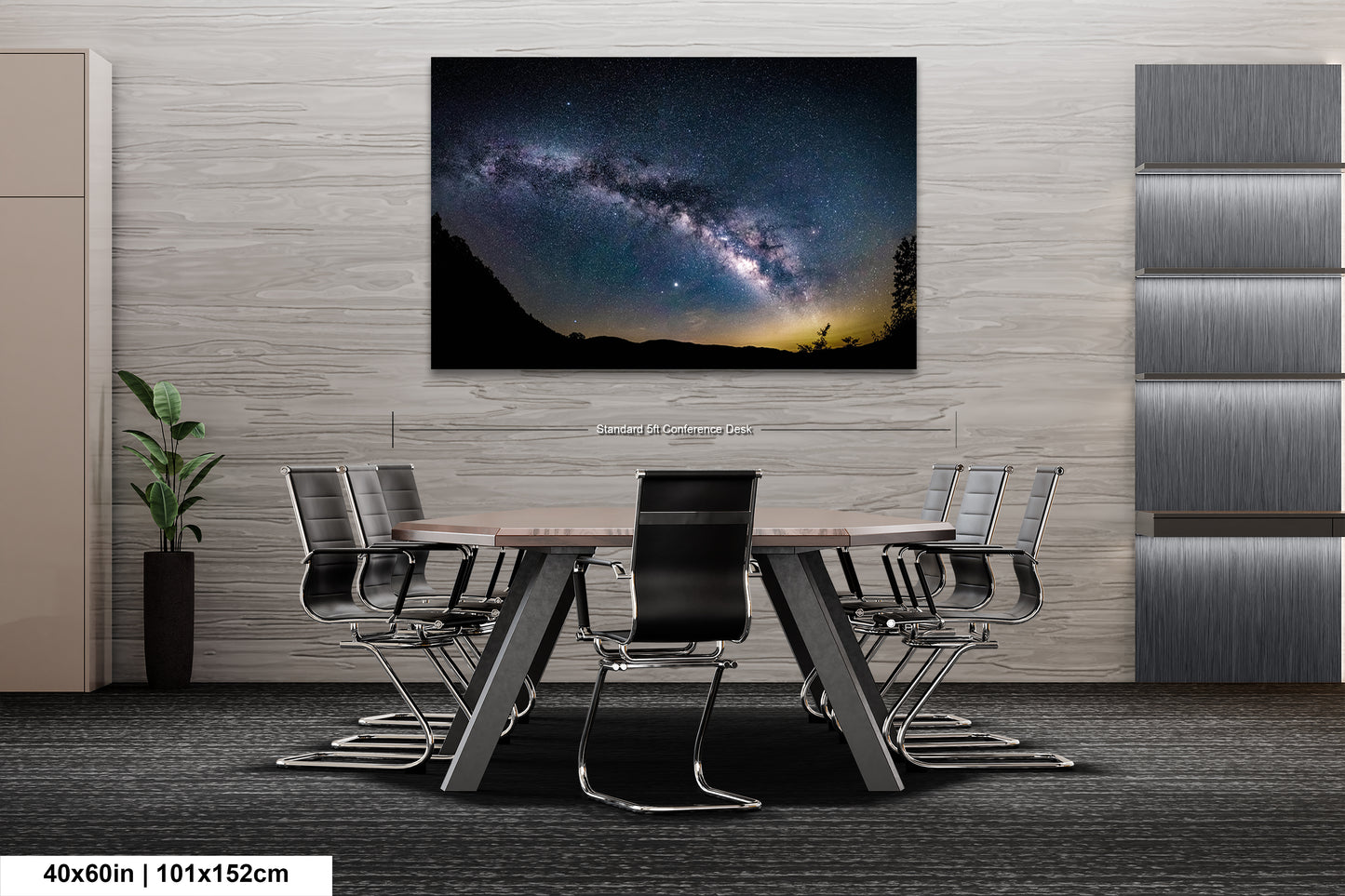 a dining room table with chairs and a picture of the milky