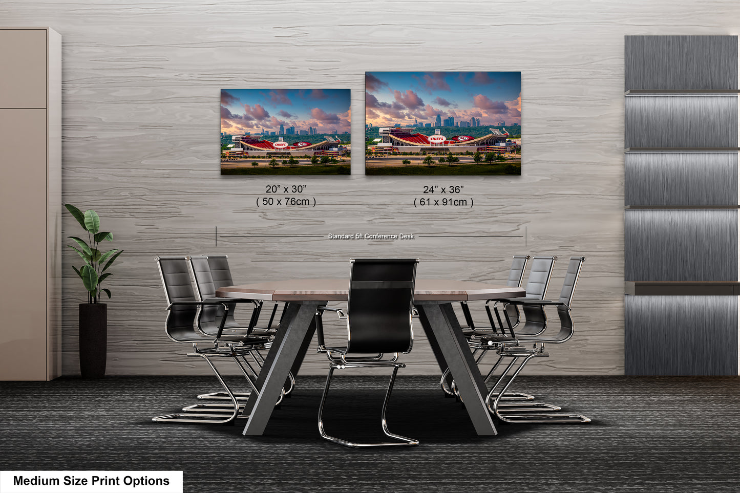 a dining room table with chairs and two pictures on the wall