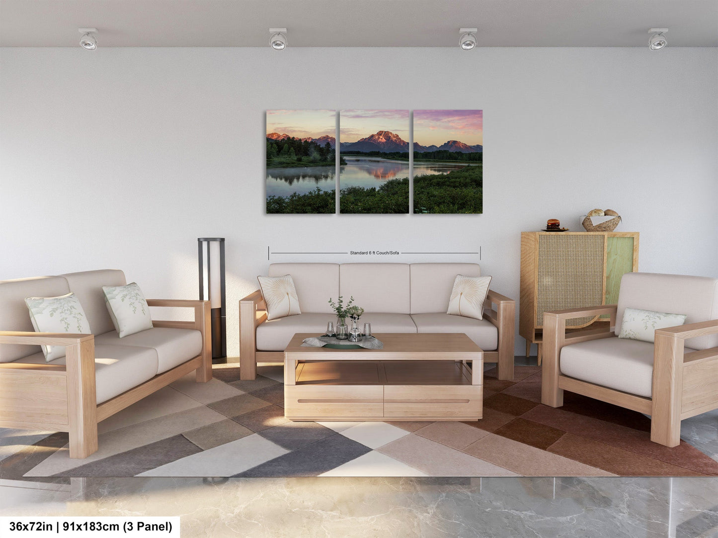a living room filled with furniture and a painting on the wall