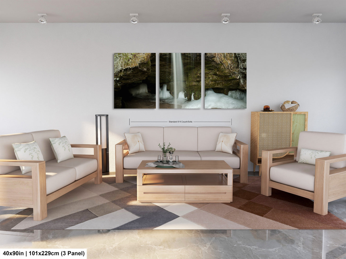 a living room filled with furniture and a painting on the wall
