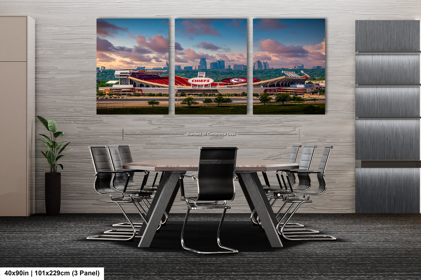 a dining room table with a view of a city