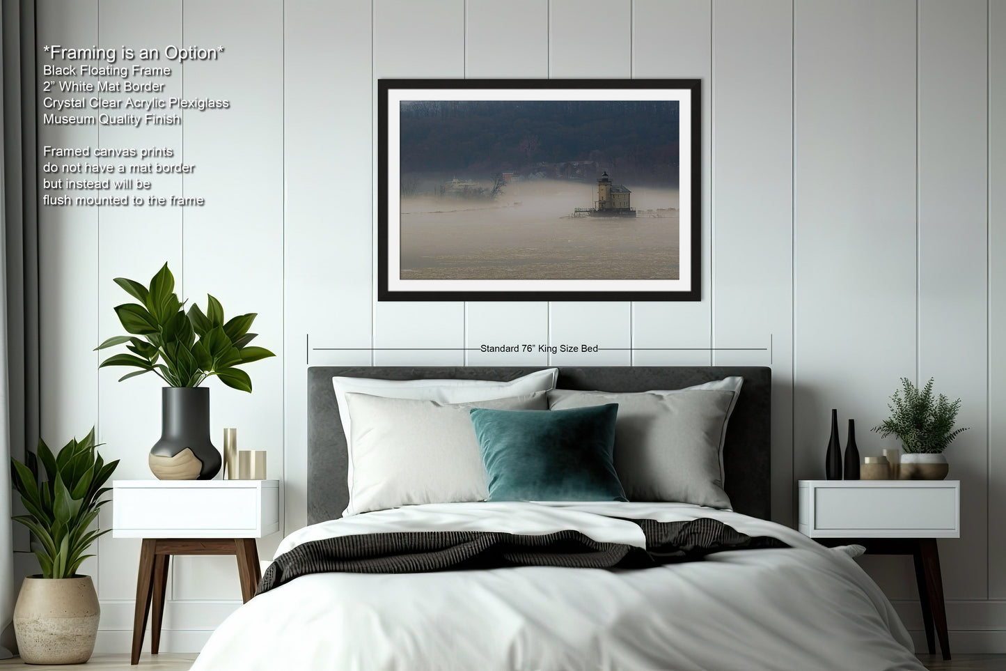 a bedroom with a bed and a picture hanging on the wall