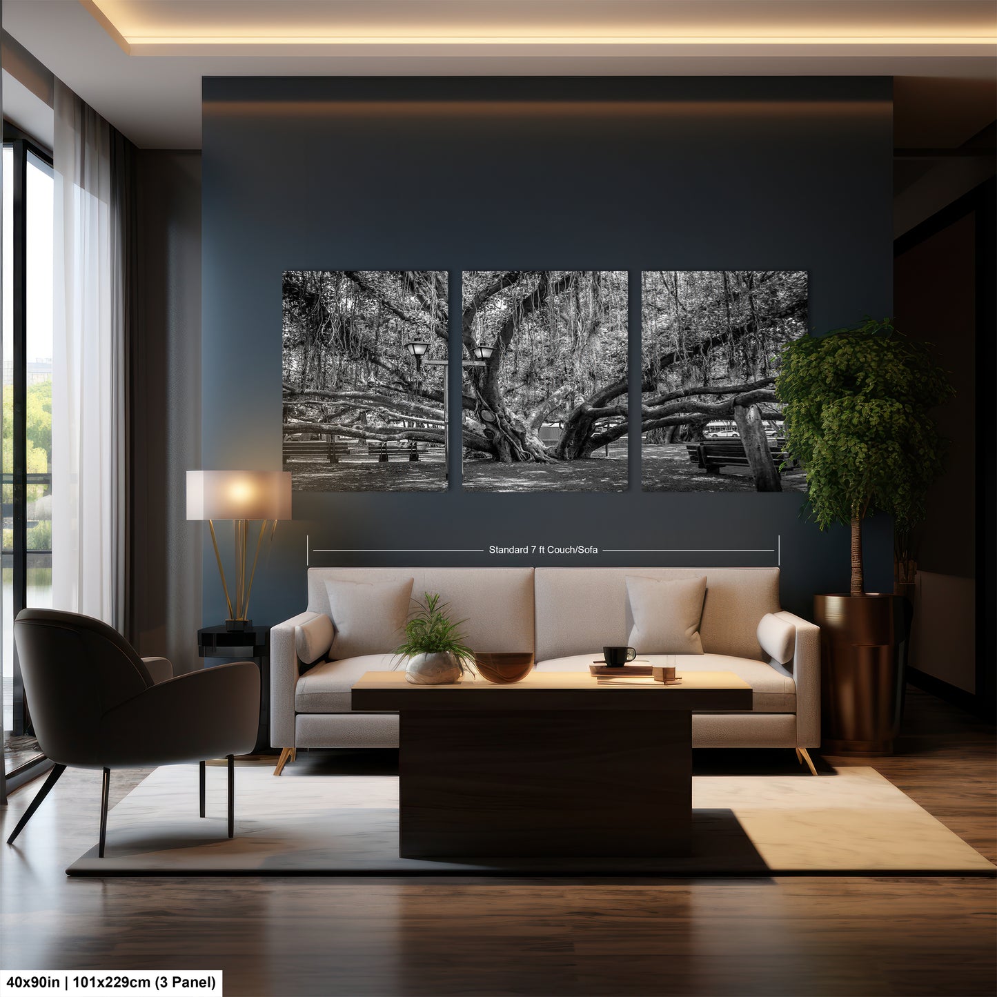 a living room filled with furniture and a large window