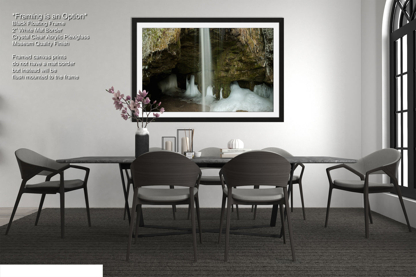 a picture of a dining room with a waterfall in the background