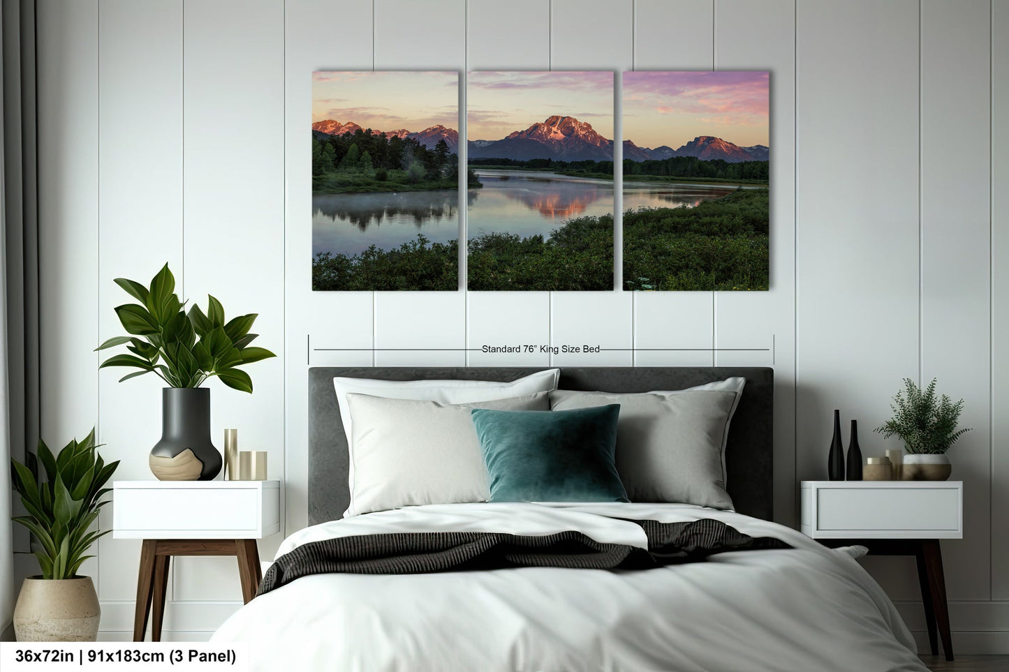 a bedroom with a bed and two paintings on the wall