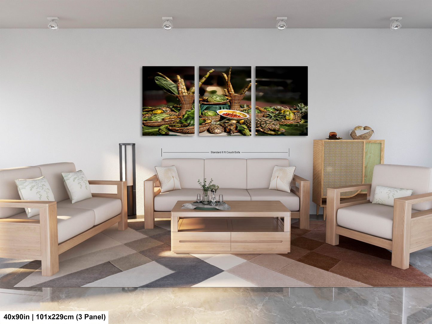 a living room filled with furniture and a painting on the wall