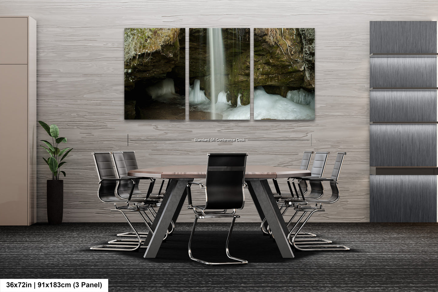 a dining room table with chairs and a waterfall in the background