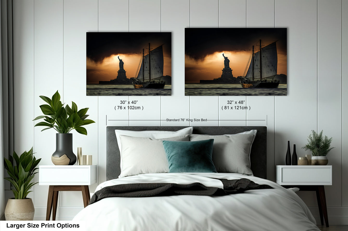 a bed with two pictures on the wall above it