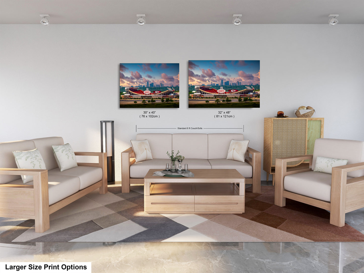 a living room with two pictures on the wall