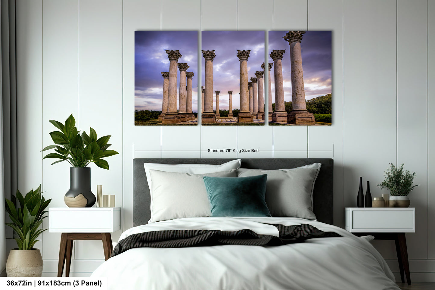 a bed room with a neatly made bed and a painting on the wall