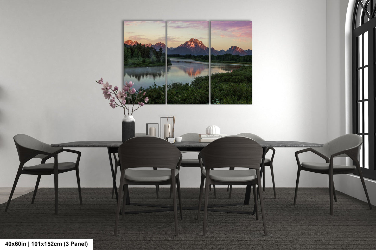 a dining room with a table and chairs