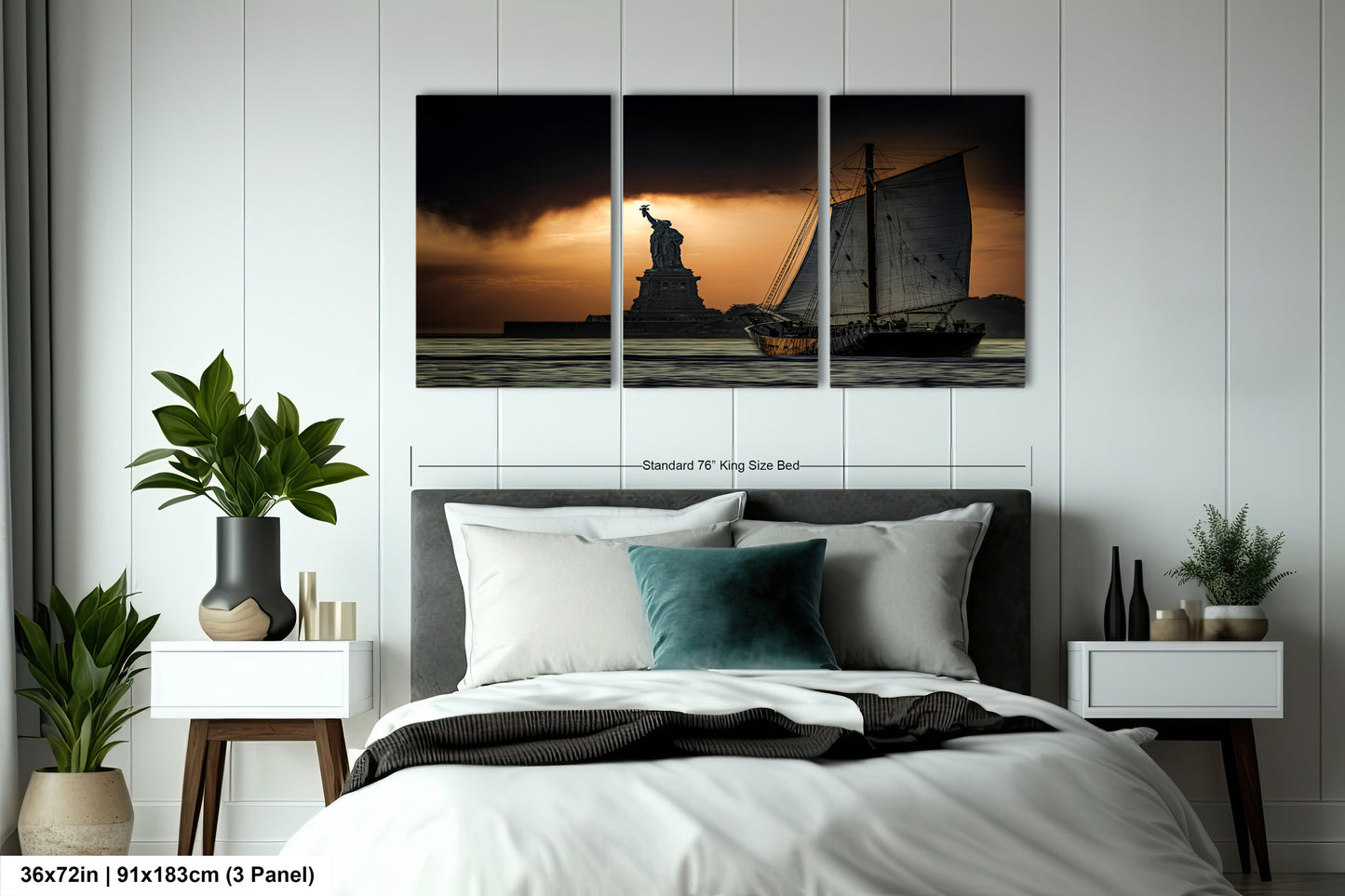 a bedroom with a bed and a statue of liberty in the background