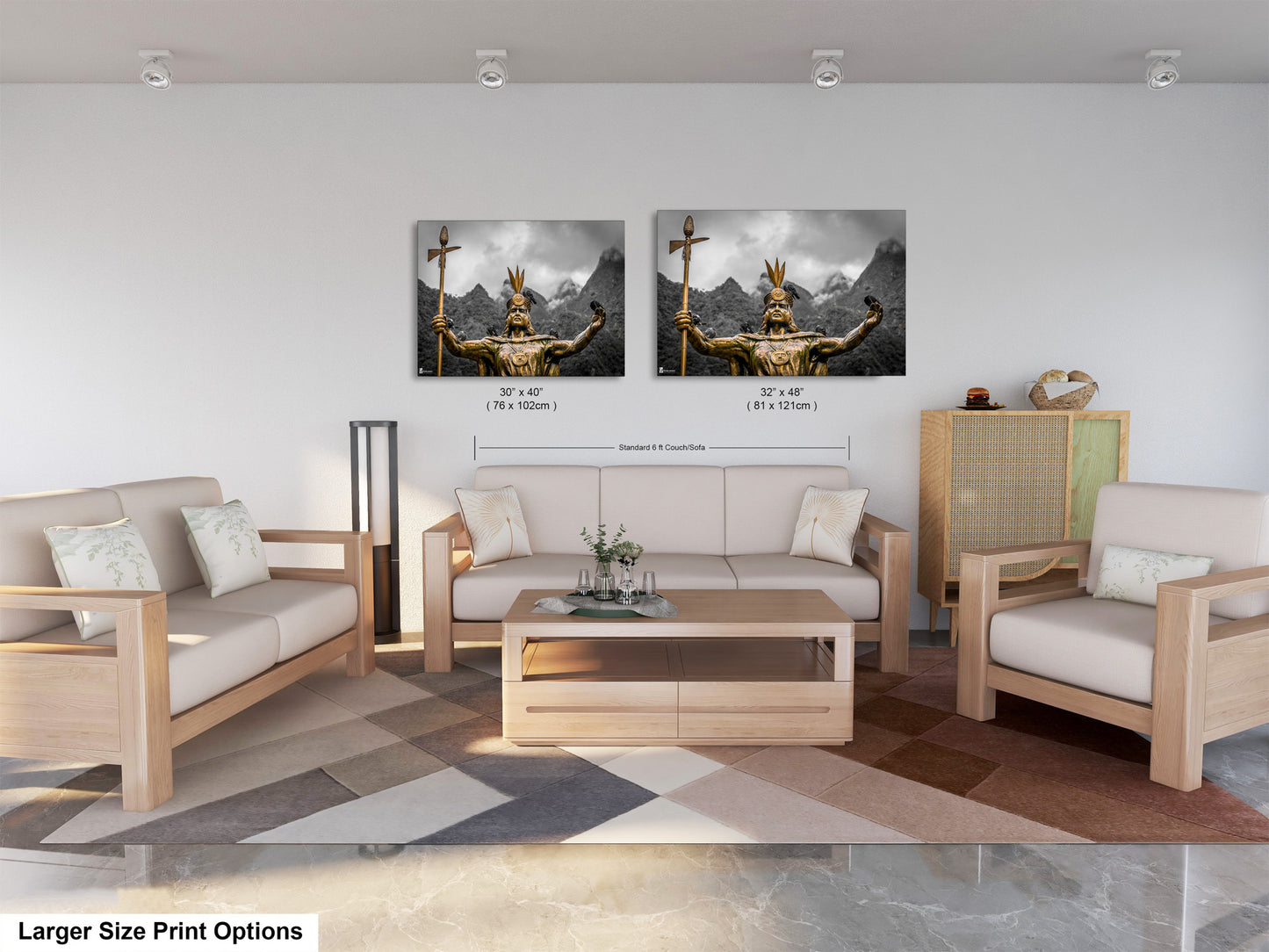 a living room filled with furniture and a painting on the wall
