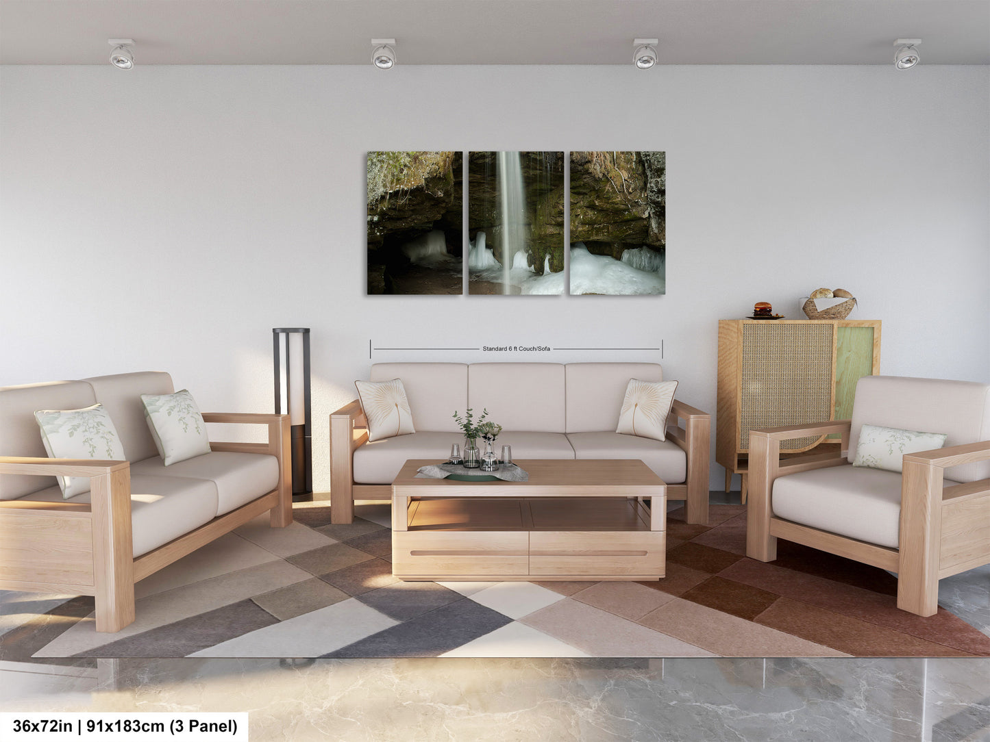a living room filled with furniture and a painting on the wall