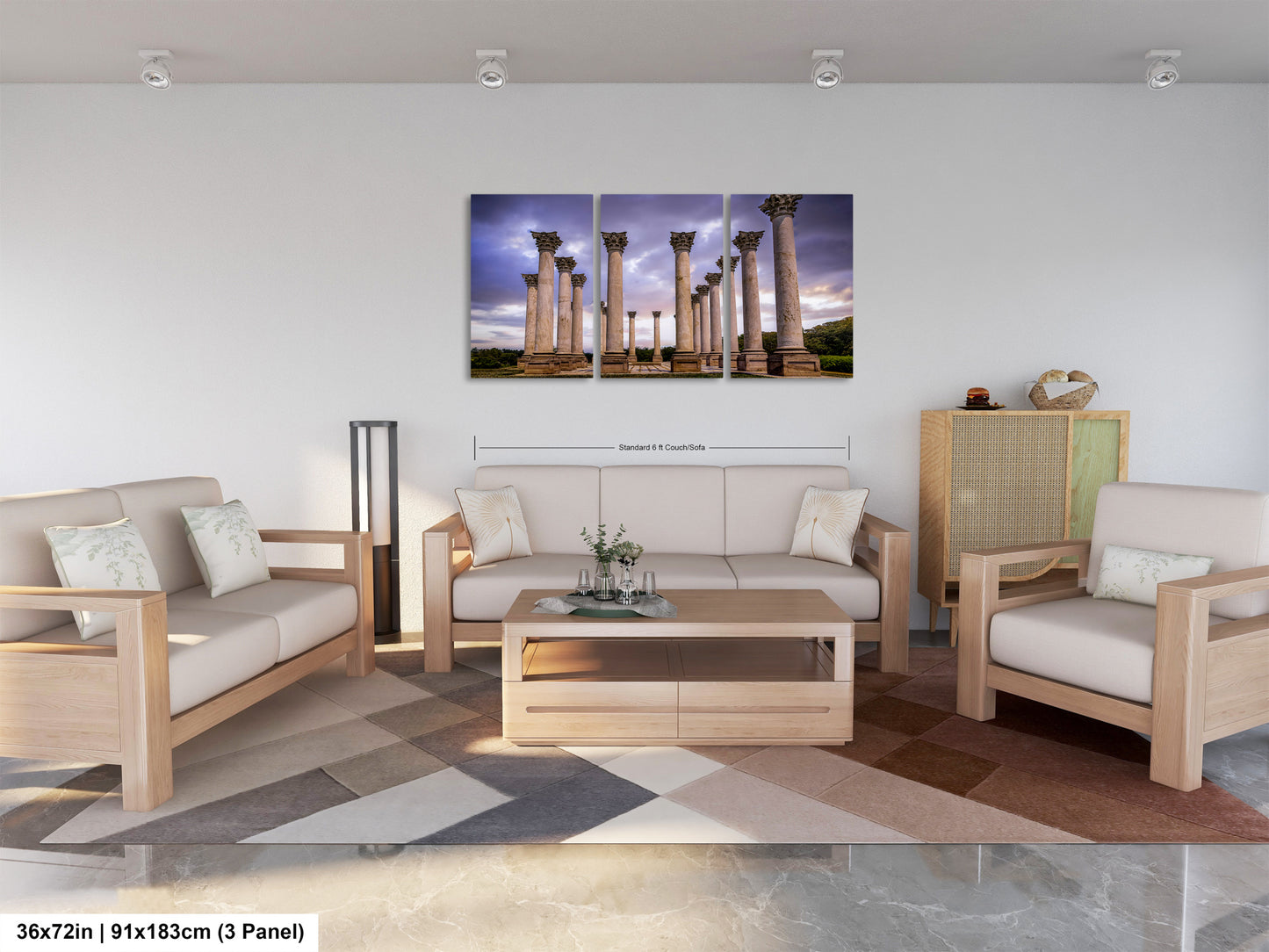 a living room filled with furniture and a painting on the wall