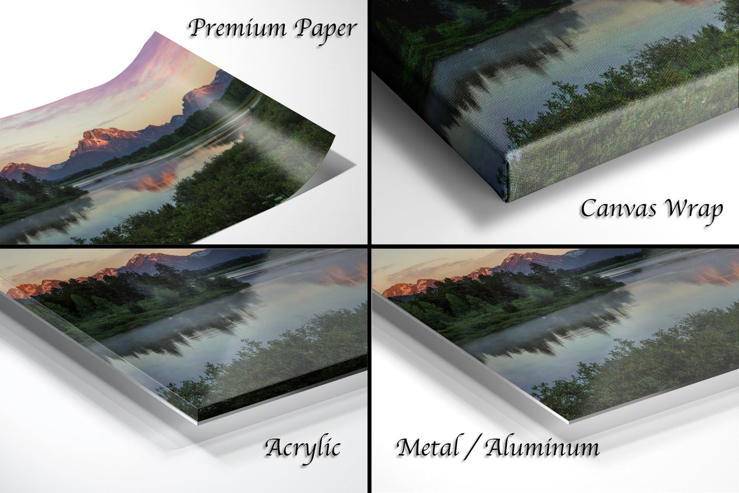 a series of four images of a lake with mountains in the background
