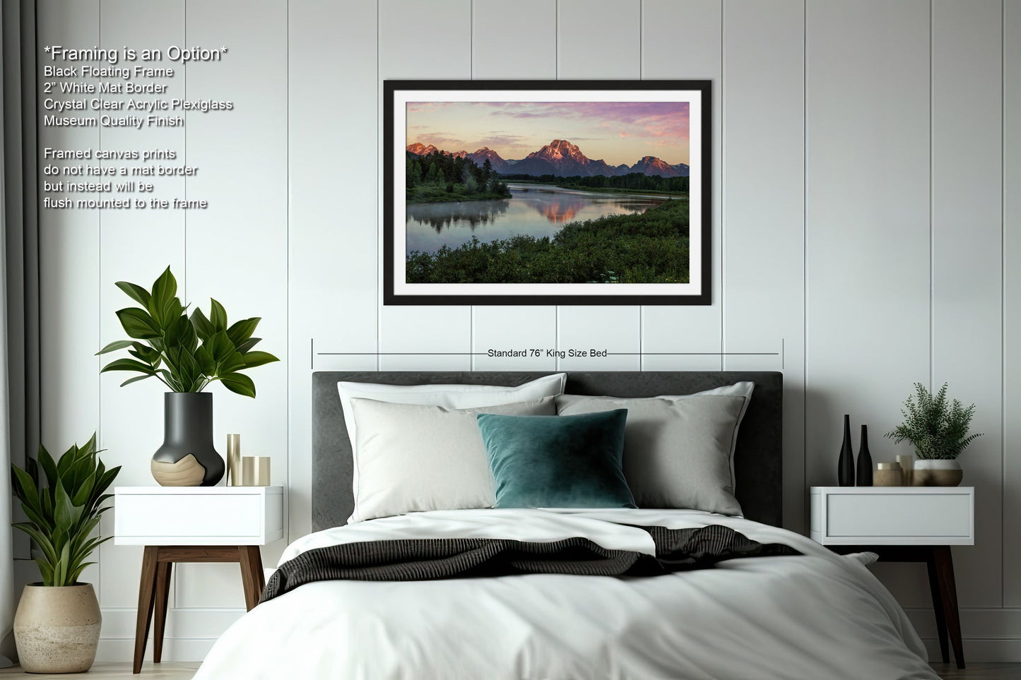 a bedroom with a large bed and a painting on the wall