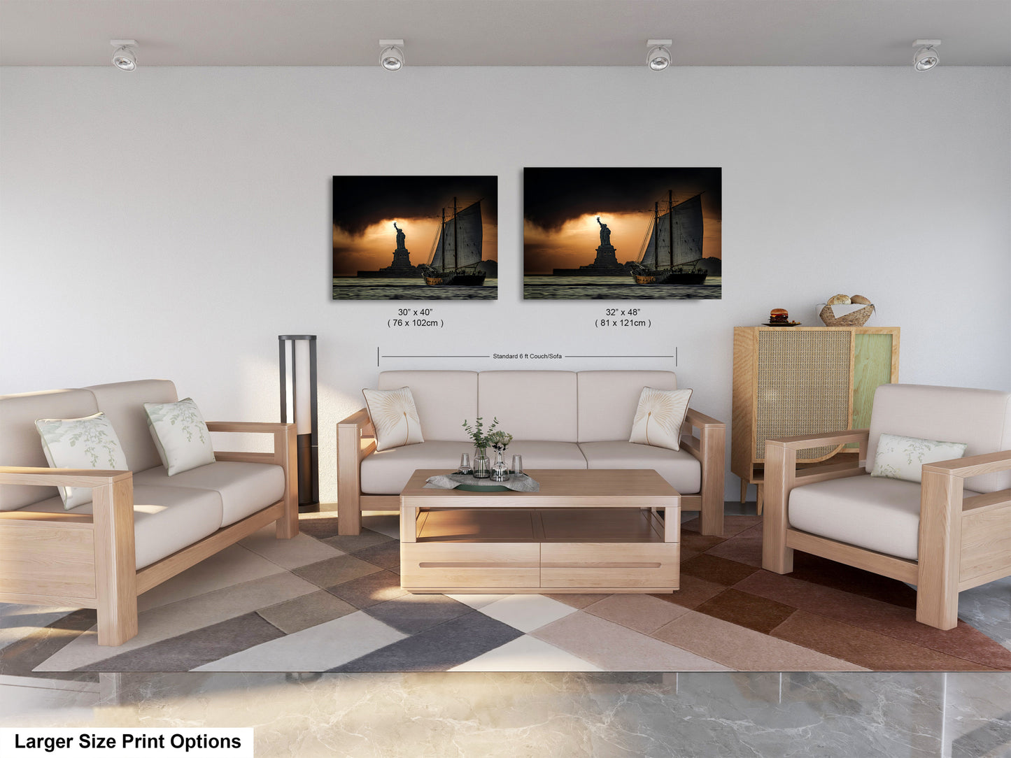 a living room with two pictures on the wall