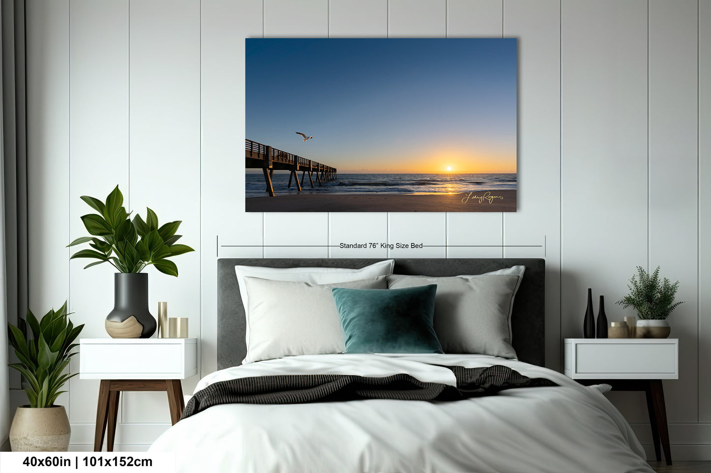 a bedroom with a bed and a painting on the wall