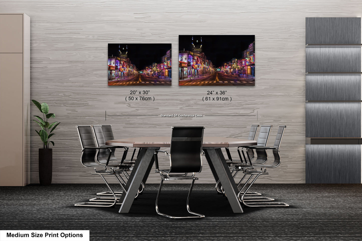 a dining room table with chairs and two pictures on the wall