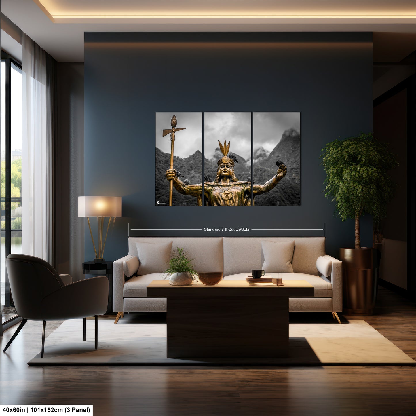 a living room with a couch a table and a painting