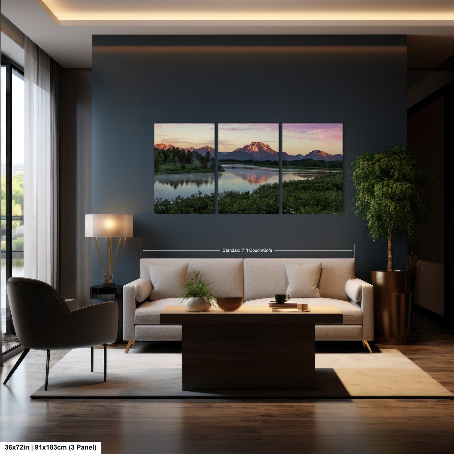 a living room filled with furniture and a painting on the wall