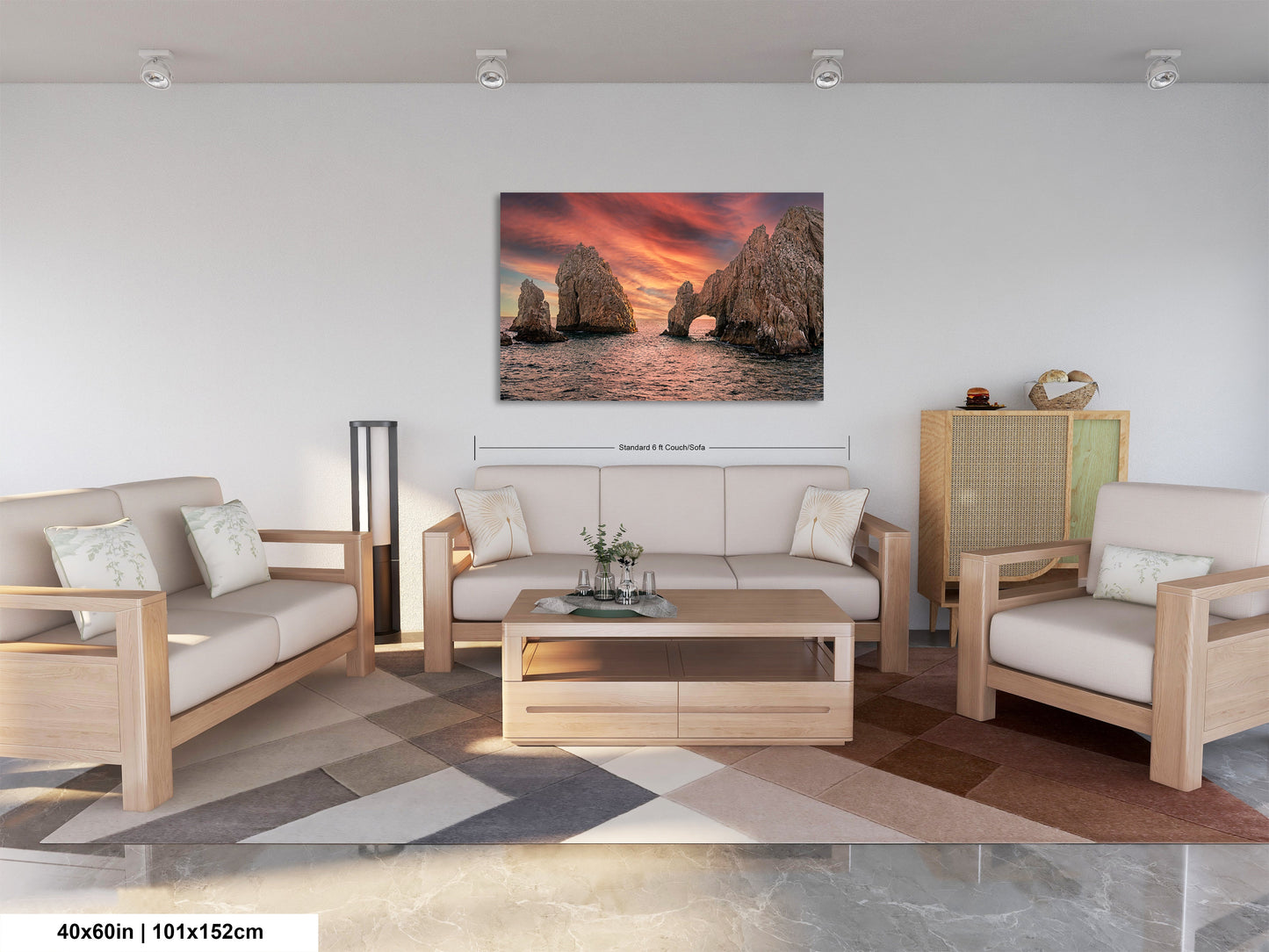 a living room filled with furniture and a painting on the wall