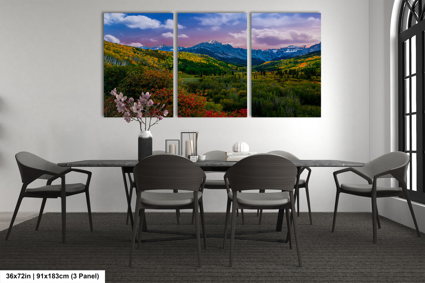 a dining room with a table and chairs