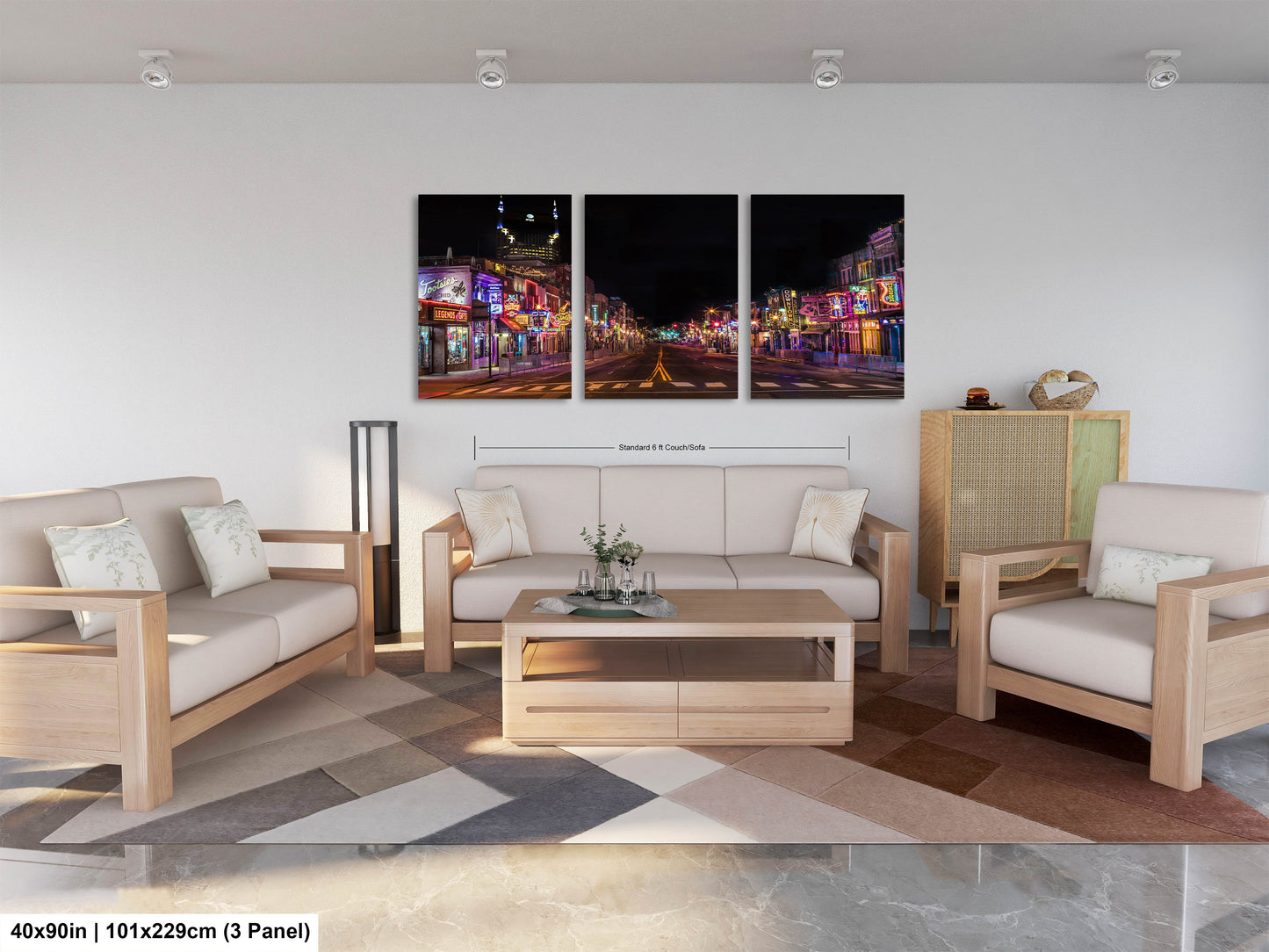 a living room filled with furniture and a painting on the wall
