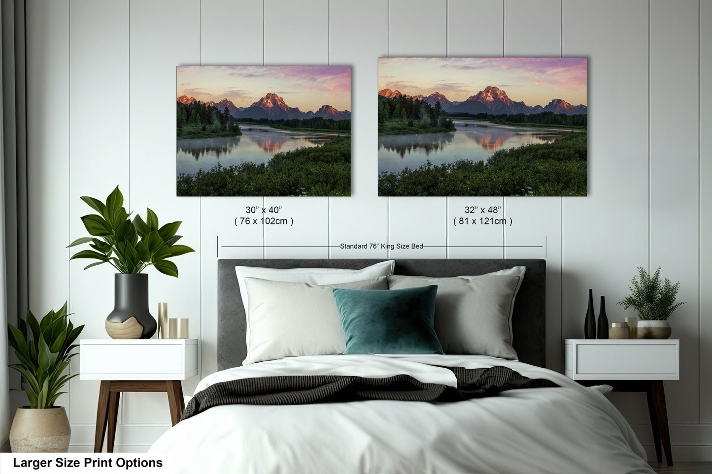 a bedroom with a bed and two pictures on the wall