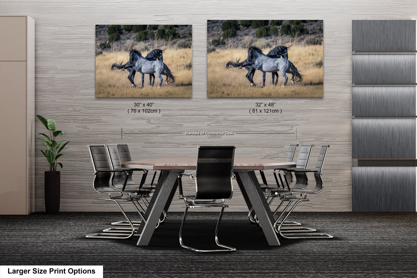 two pictures of two horses on a wall