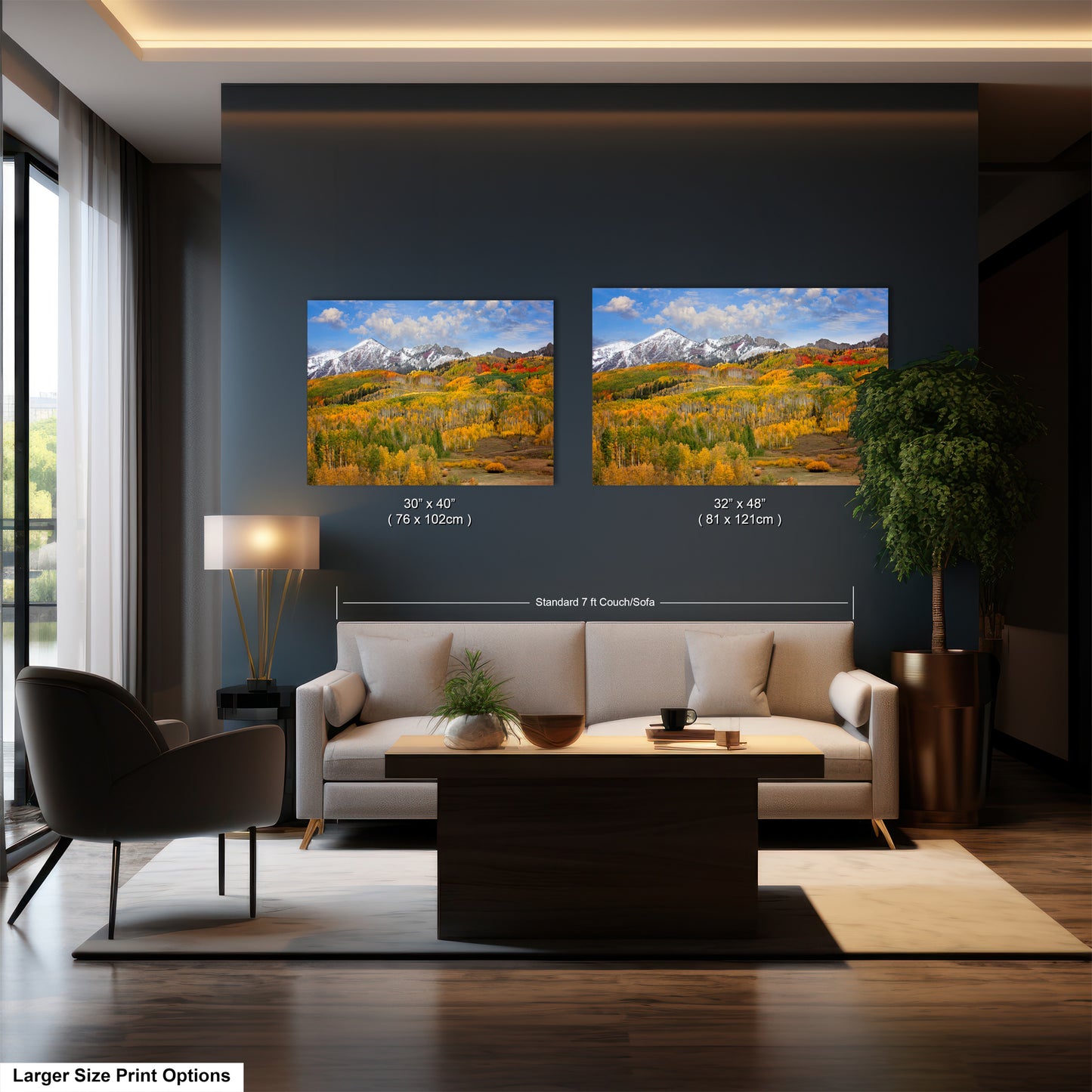 a living room filled with furniture and a painting on the wall