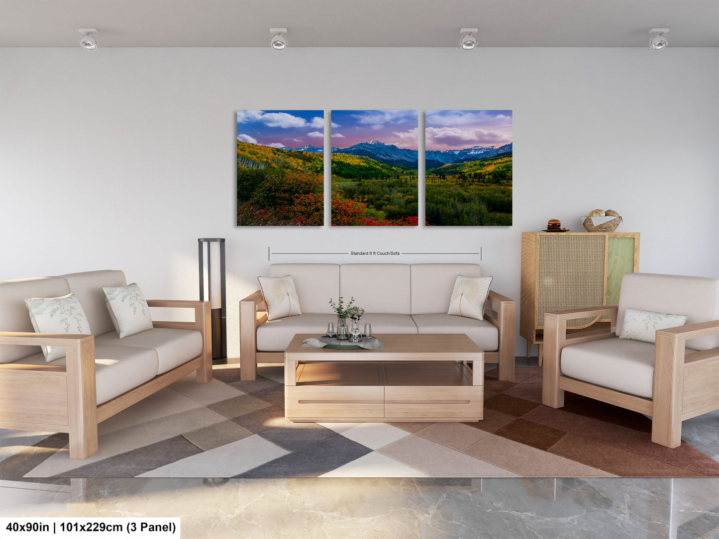 a living room filled with furniture and a painting on the wall