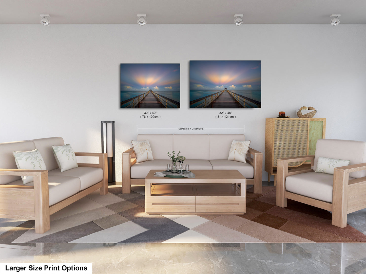 a living room with two pictures on the wall