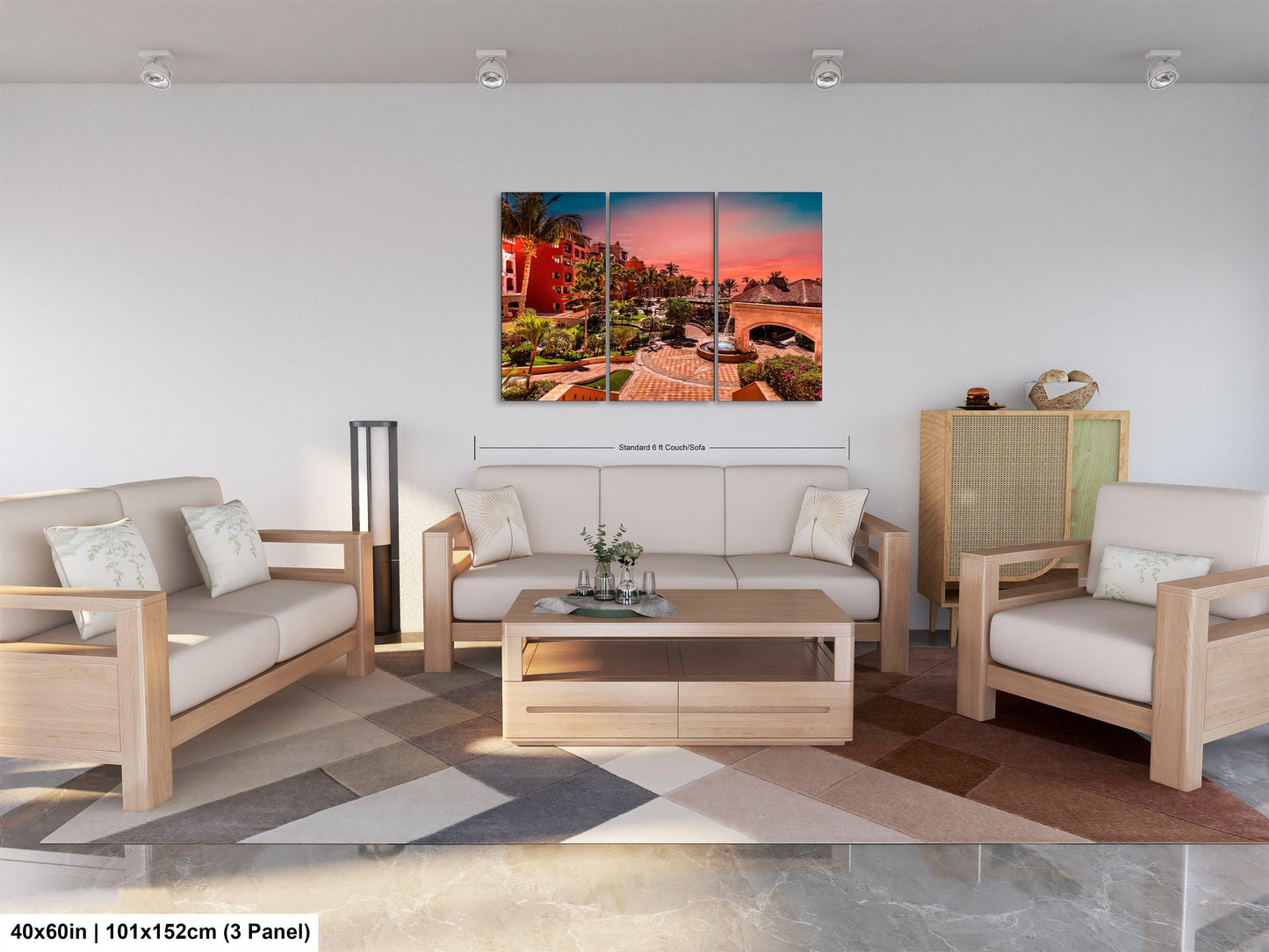 a living room filled with furniture and a painting on the wall